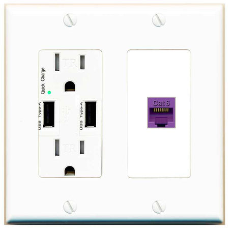 RiteAV CAT6-PURPLE Wall Plate with USB A Charger Power Outlet [White]