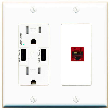 RiteAV CAT6-RED Wall Plate with USB A Charger Power Outlet [White]