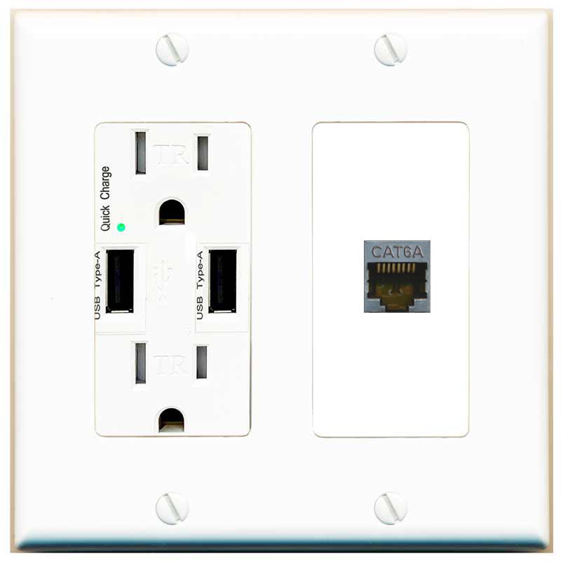 RiteAV CAT6A Wall Plate with USB A Charger Power Outlet [White]