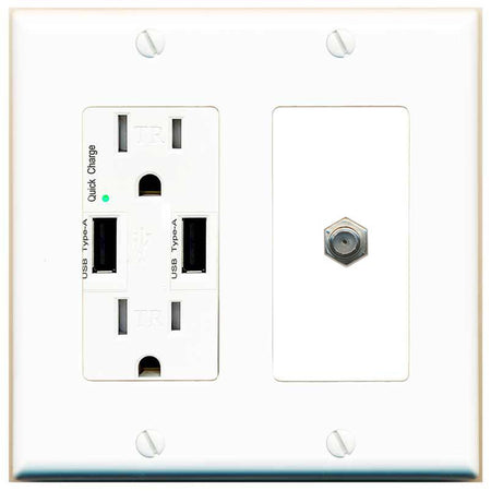 RiteAV COAX Wall Plate with USB A Charger Power Outlet [White]