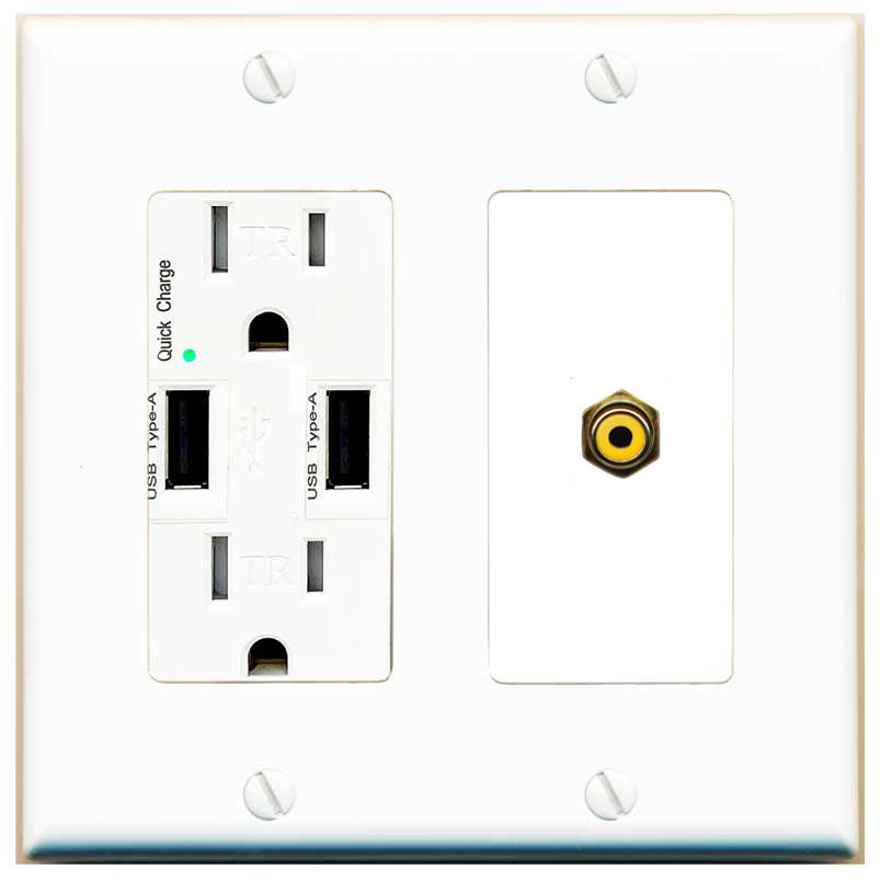 RiteAV RCA-YELLOW Wall Plate with USB A Charger Power Outlet [White]