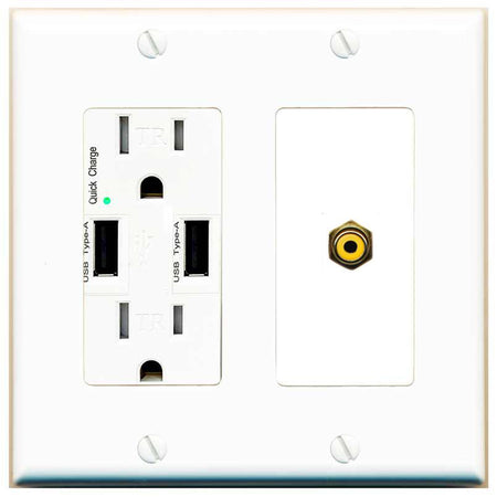RiteAV RCA-YELLOW Wall Plate with USB A Charger Power Outlet [White]