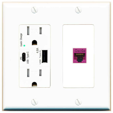 [1 Ports] CAT5E-PINK Wall Plate with USB A and C Chargers [White]