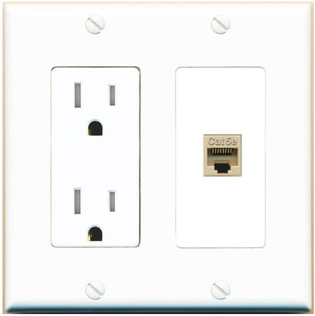 RiteAV CAT5E-IVORY Wall Plate with Tamper Resistant Power Outlet [White]