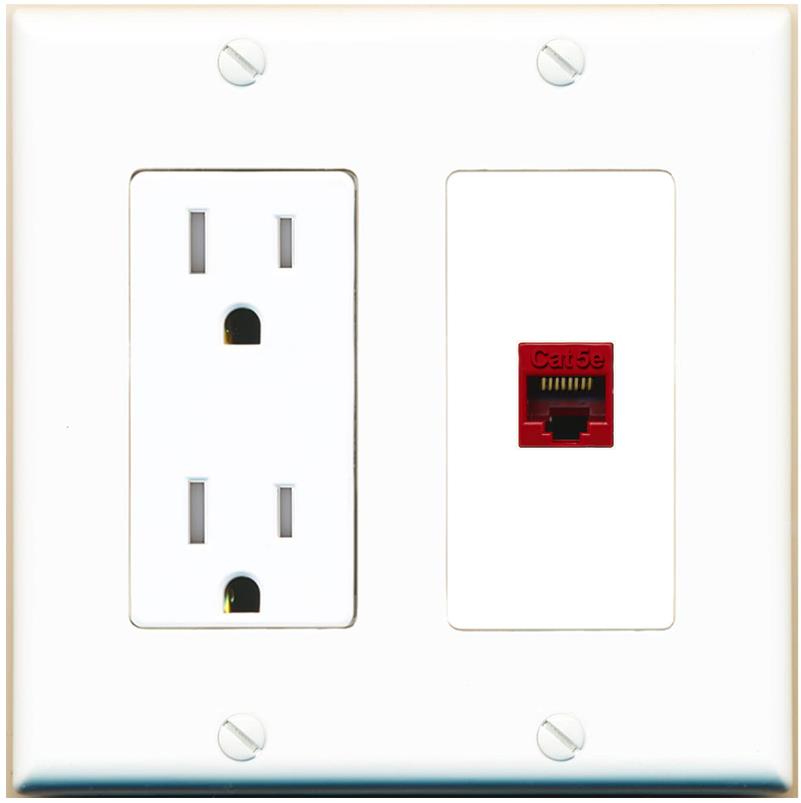 RiteAV CAT5E-RED Wall Plate with Tamper Resistant Power Outlet [White]