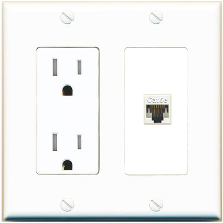 RiteAV CAT5E-WHITE Wall Plate with Tamper Resistant Power Outlet [White]