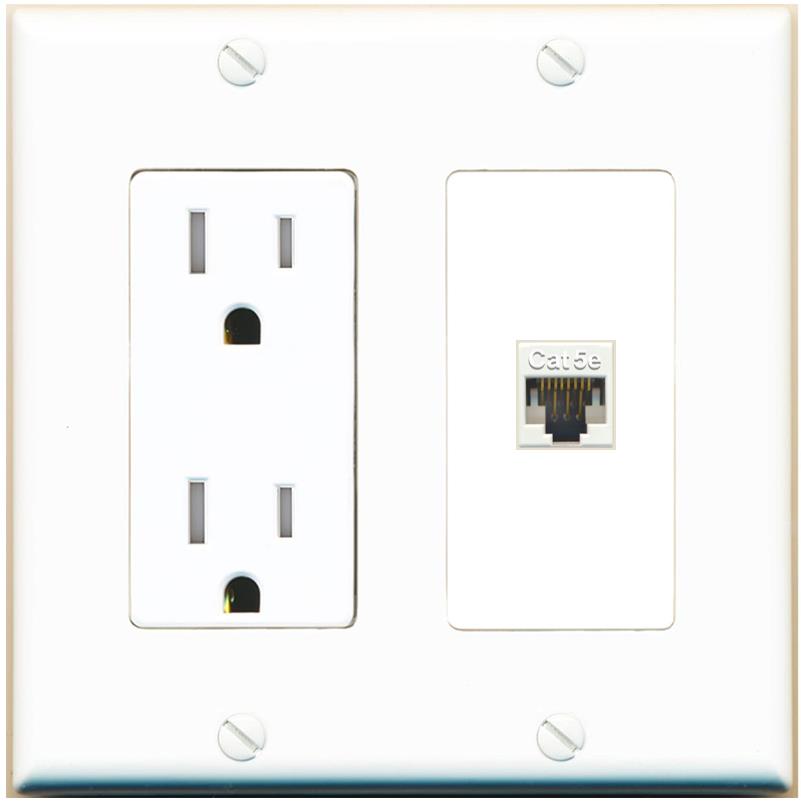 RiteAV CAT5E-WHITE Wall Plate with Tamper Resistant Power Outlet [White]