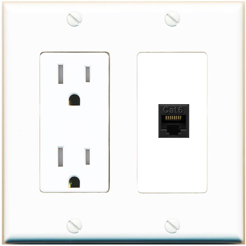 RiteAV CAT6-BLACK Wall Plate with Tamper Resistant Power Outlet [White]