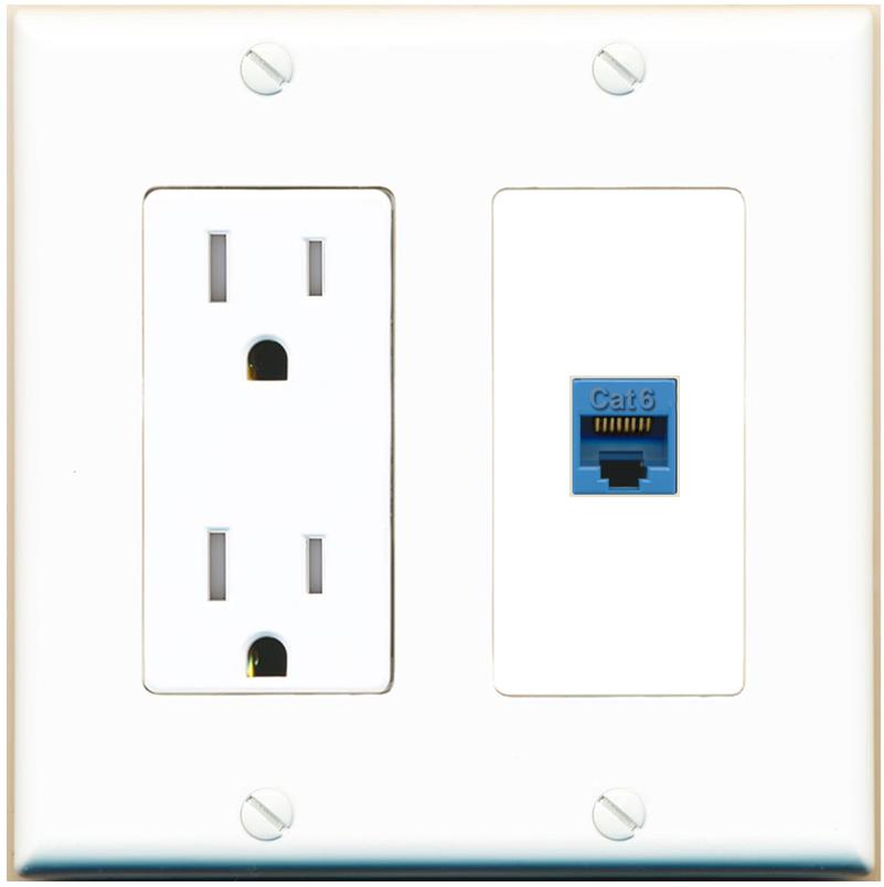 RiteAV CAT6-BLUE Wall Plate with Tamper Resistant Power Outlet [White]