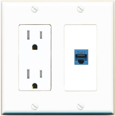 RiteAV CAT6-BLUE Wall Plate with Tamper Resistant Power Outlet [White]