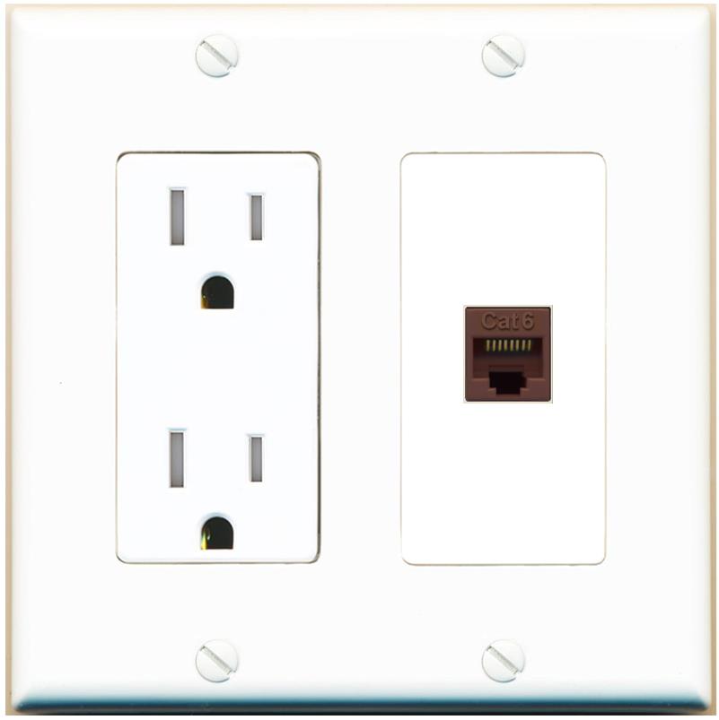 RiteAV CAT6-BROWN Wall Plate with Tamper Resistant Power Outlet [White]