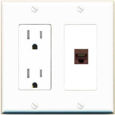 RiteAV CAT6-BROWN Wall Plate with Tamper Resistant Power Outlet [White]