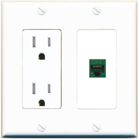 RiteAV CAT6-GREEN Wall Plate with Tamper Resistant Power Outlet [White]