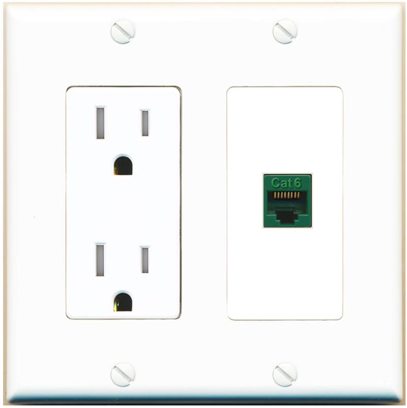 RiteAV CAT6-GREEN Wall Plate with Tamper Resistant Power Outlet [White]