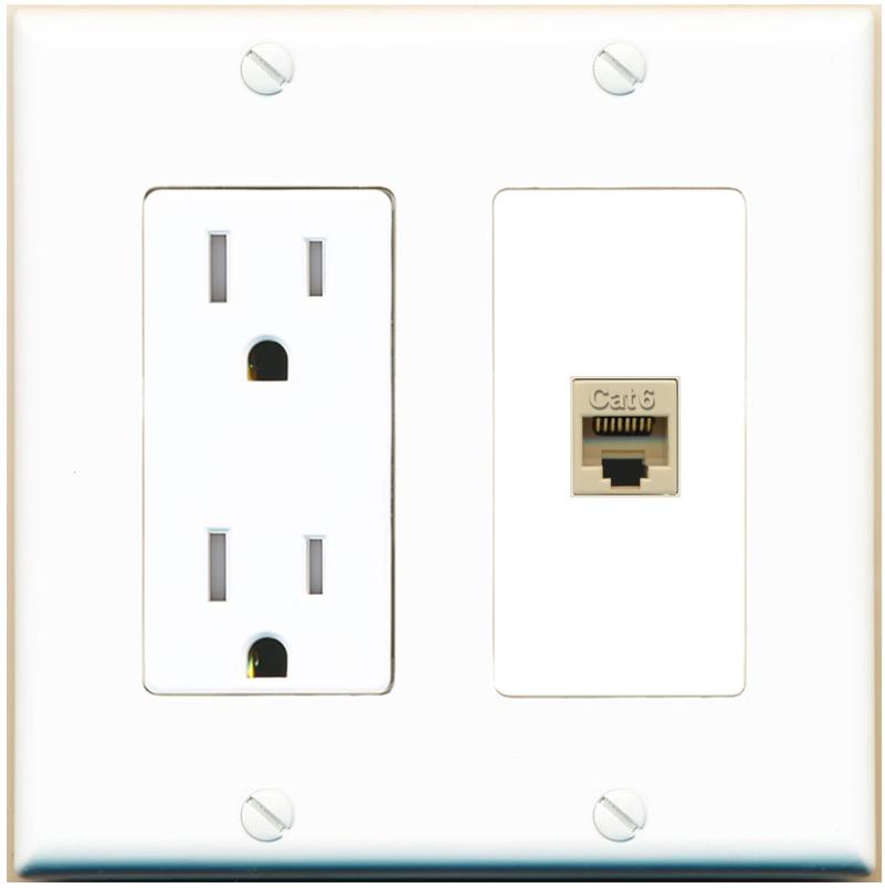 RiteAV CAT6-IVORY Wall Plate with Tamper Resistant Power Outlet [White]