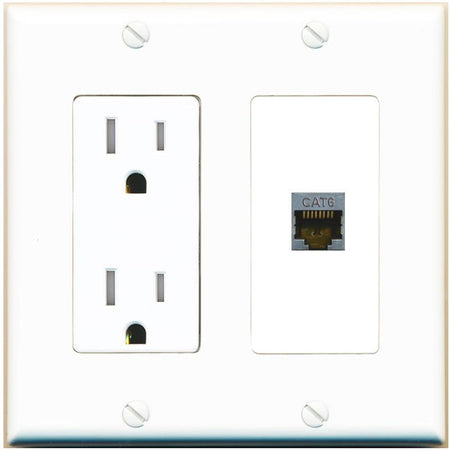 RiteAV CAT6-SHIELDED Wall Plate with Tamper Resistant Power Outlet [White]
