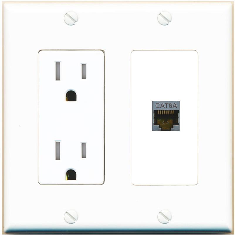 RiteAV CAT6A Wall Plate with Tamper Resistant Power Outlet [White]