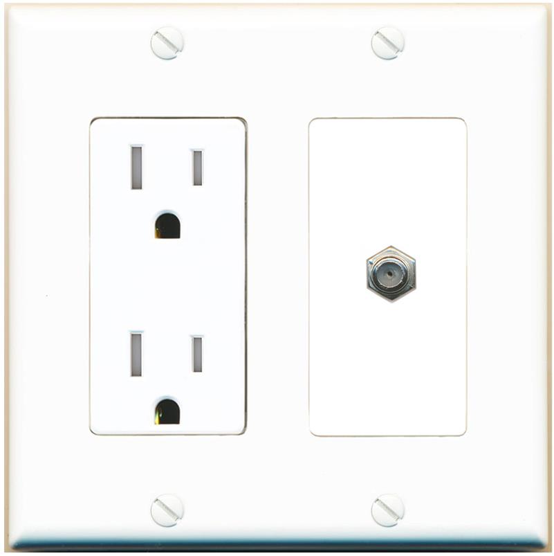 RiteAV COAX Wall Plate with Tamper Resistant Power Outlet [White]