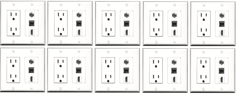 RiteAV - 15 Amp Power Outlet 1 Port HDMI Coax Shielded Cat6 Ethernet Ethernet Wall Plate - White (10 Pack)