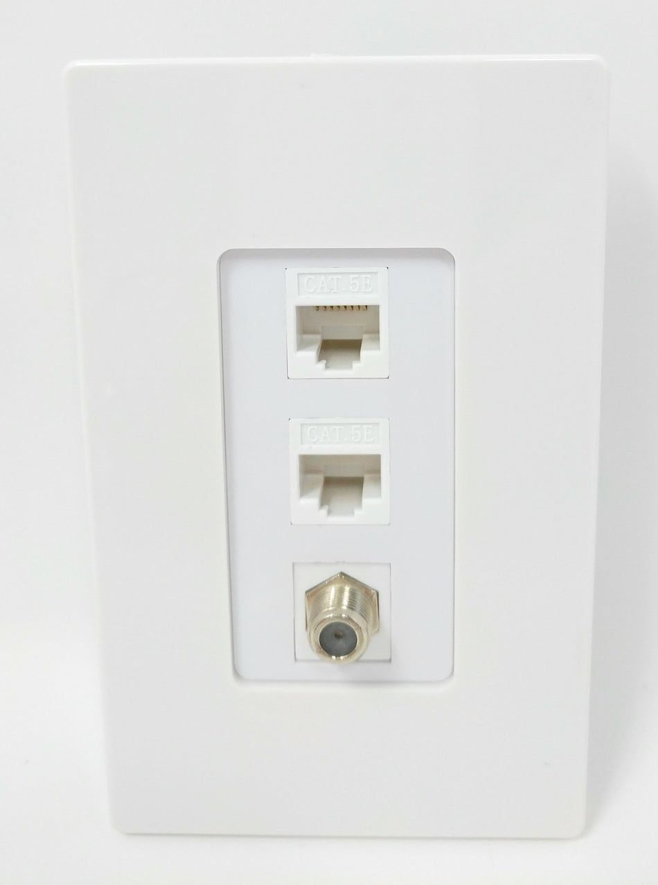 RiteAV - 1 Port Coax Cable TV- F-Type 2 Port Cat5e Ethernet Decorative Screwless Wall Plate - White