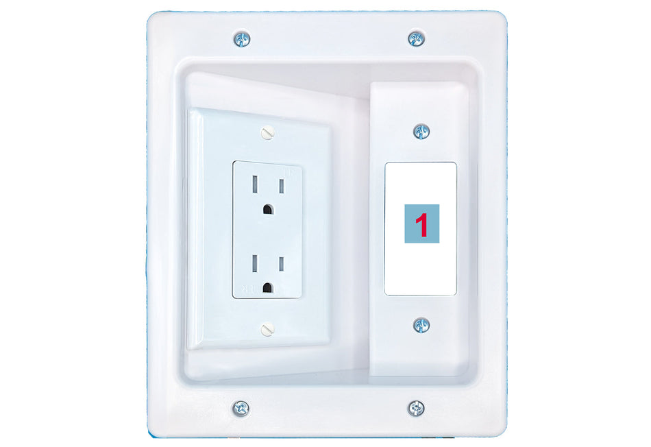 RiteAV Custom 1 Port Recessed Wall Plate Cable Concealer Management Kit with Power Outlet Hides Cords and Cables