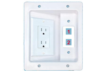 RiteAV Custom 2 Port Recessed Wall Plate Cable Concealer Management Kit with Power Outlet Hides Cords and Cables