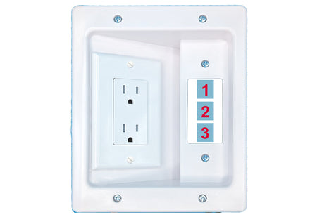 RiteAV Custom 3 Port Recessed Wall Plate Cable Concealer Management Kit with Power Outlet Hides Cords and Cables