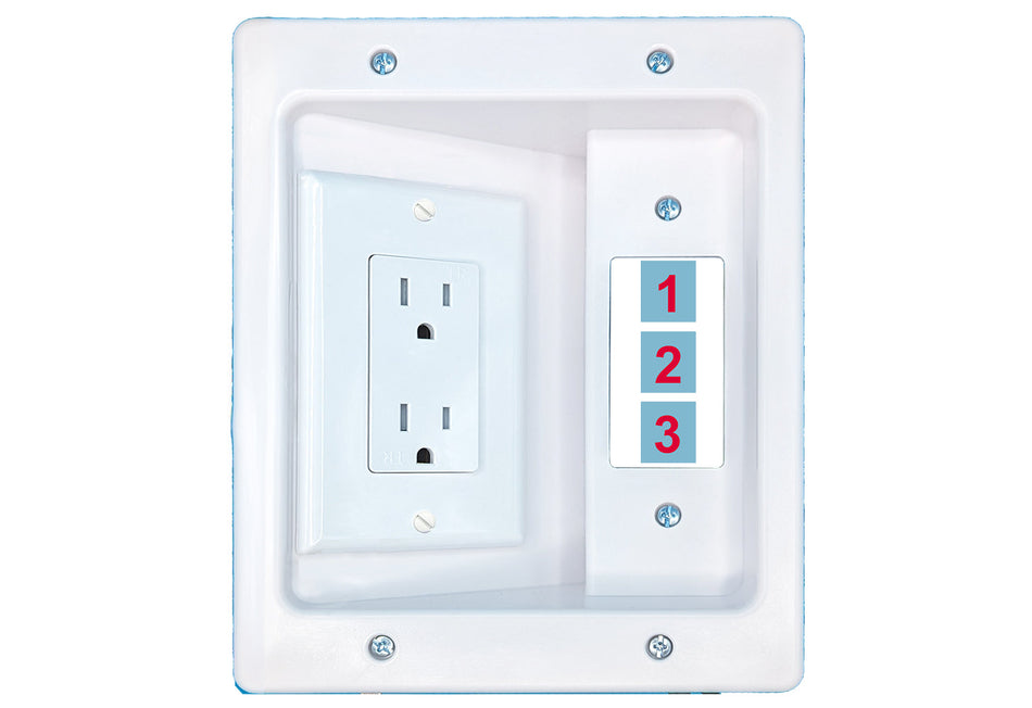 RiteAV Custom 3 Port Recessed Wall Plate Cable Concealer Management Kit with Power Outlet Hides Cords and Cables