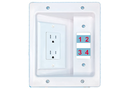 RiteAV Custom 4 Port Recessed Wall Plate Cable Concealer Management Kit with Power Outlet Hides Cords and Cables