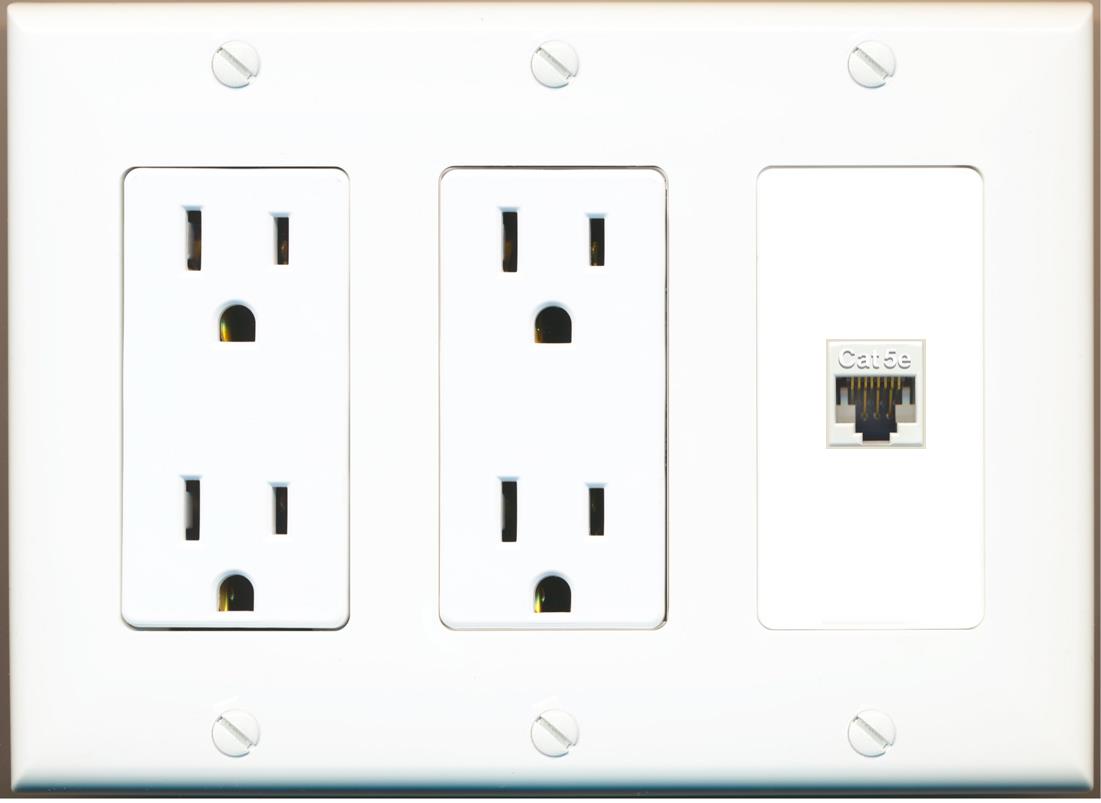 RiteAV CAT5E-WHITE Wall Plate with Dual 15A Power Outlets