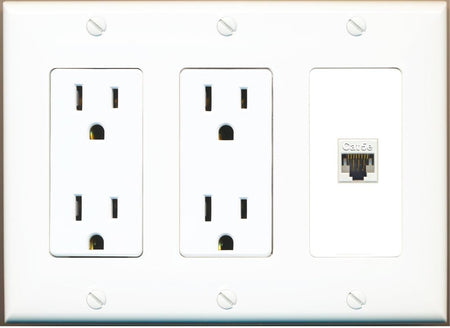 RiteAV CAT5E-WHITE Wall Plate with Dual 15A Power Outlets
