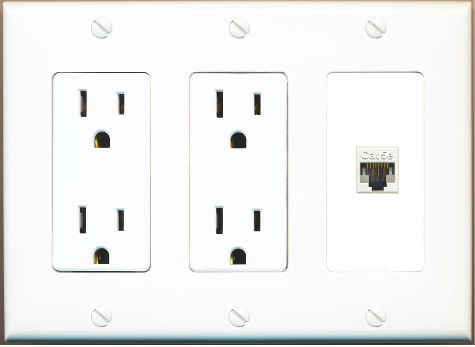 RiteAV CAT5E-WHITE Wall Plate with Dual 15A Power Outlets