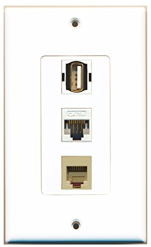 RiteAV 1 Port USB A-A 1 Port Phone RJ11 RJ12 Beige 1 Port Cat5e Ethernet White Wall Plate OVERSIZED