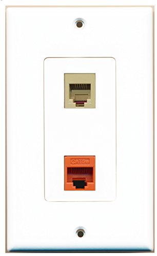 RiteAV 1 Port Phone RJ11 RJ12 Beige 1 Port Cat5e Ethernet Orange Wall Plate OVERSIZED White