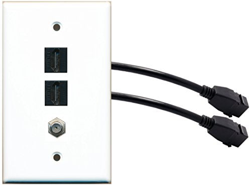 RiteAV (1 Gang Flat 2 HDMI Black Coax Wall Plate w/Pigtail Extension Cable White