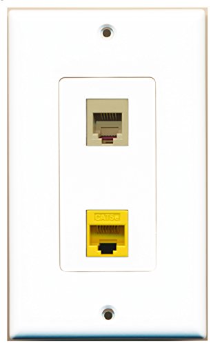 RiteAV 1 Port Phone RJ11 RJ12 Beige 1 Port Cat5e Ethernet Yellow Wall Plate OVERSIZED White