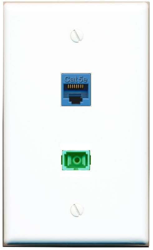 RiteAV 1 Port CAT5E BLUE SC/APC Singlemode Simplex Flat Wall Plate White