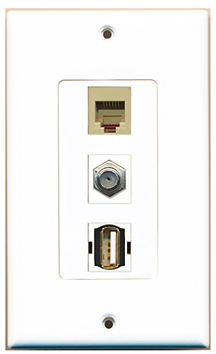 RiteAV 1 Port Coax Cable TV- F-Type 1 Port USB A-A 1 Port Phone RJ11 RJ12 Beige Wall Plate OVERSIZED