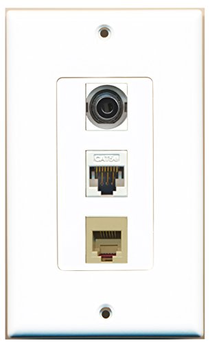 RiteAV 1 Port Phone RJ11 RJ12 Beige 1 Port 3.5mm 1 Port Cat5e Ethernet White Wall Plate OVERSIZED