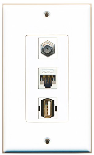 RiteAV 1 Port Coax Cable TV- F-Type 1 Port USB A-A 1 Port Cat5e Ethernet White Wall Plate OVERSIZED