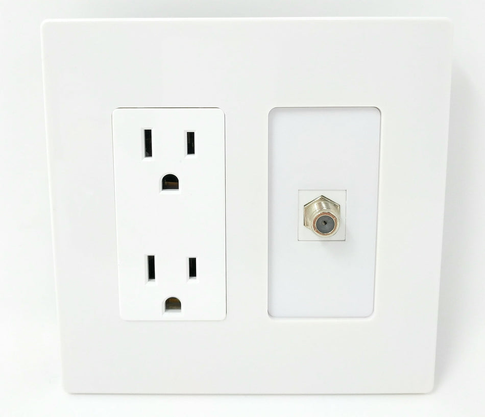 RiteAV - 15 Amp Power Outlet and 1 Port Coax Cable TV- F-Type Decorative Screwless Type Wall Plate - White