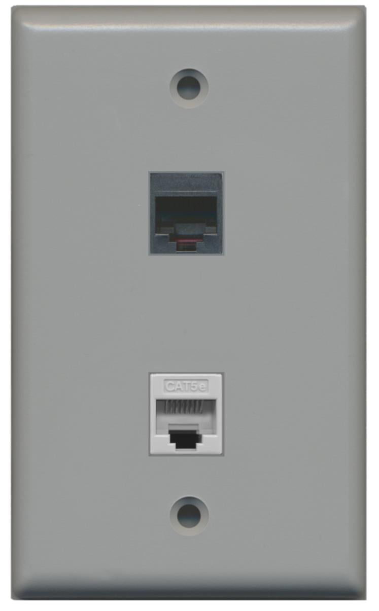 RiteAV - 1 RJ11 RJ12 Black Phone Port and 1 Cat5e Ethernet Port Wall Plate - Gray - Bracket Included