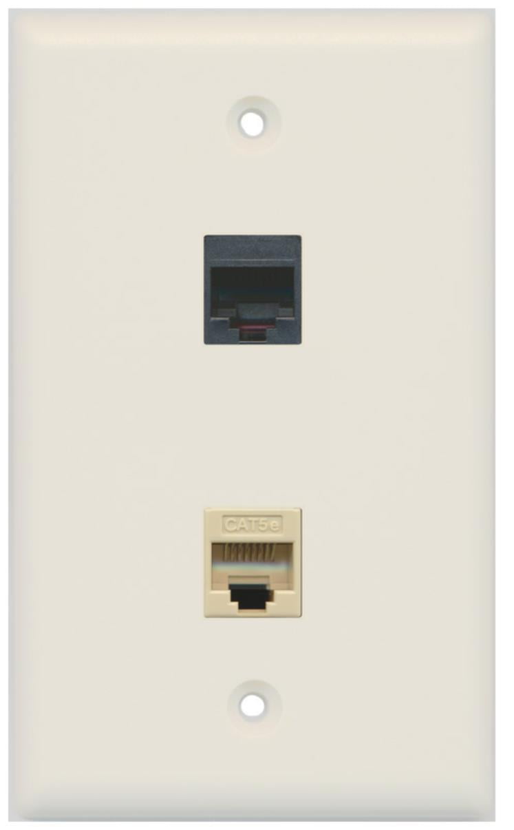 RiteAV - 1 RJ11 RJ12 Black Phone Port and 1 Cat5e Ethernet Port Wall Plate - Light Almond - Bracket Included