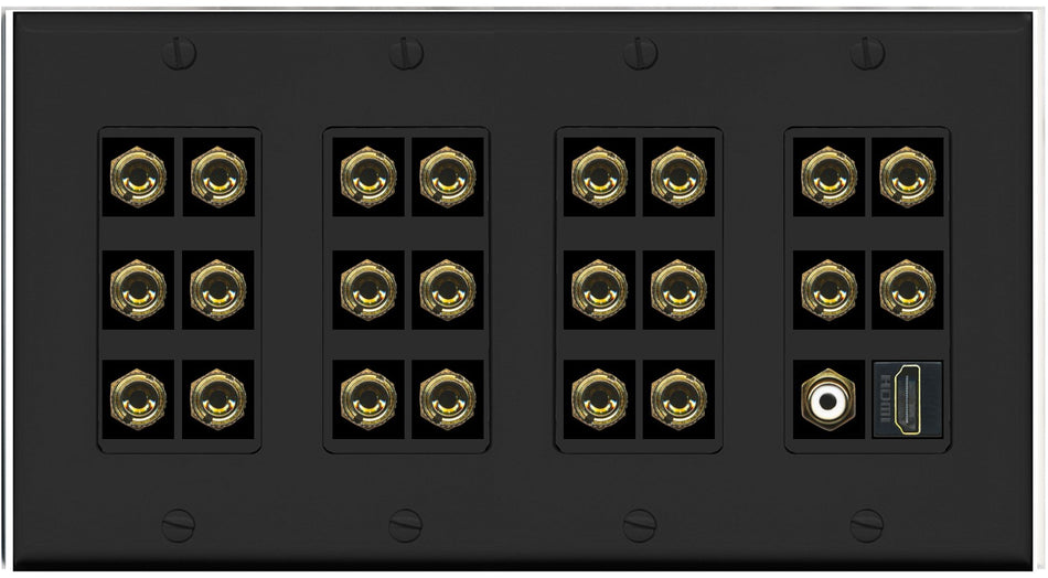 RiteAV 4 Gang 11.1 Surround Sound Speaker Banana Wall Plate with HDMI and RCA Female to Female Connectors - Black