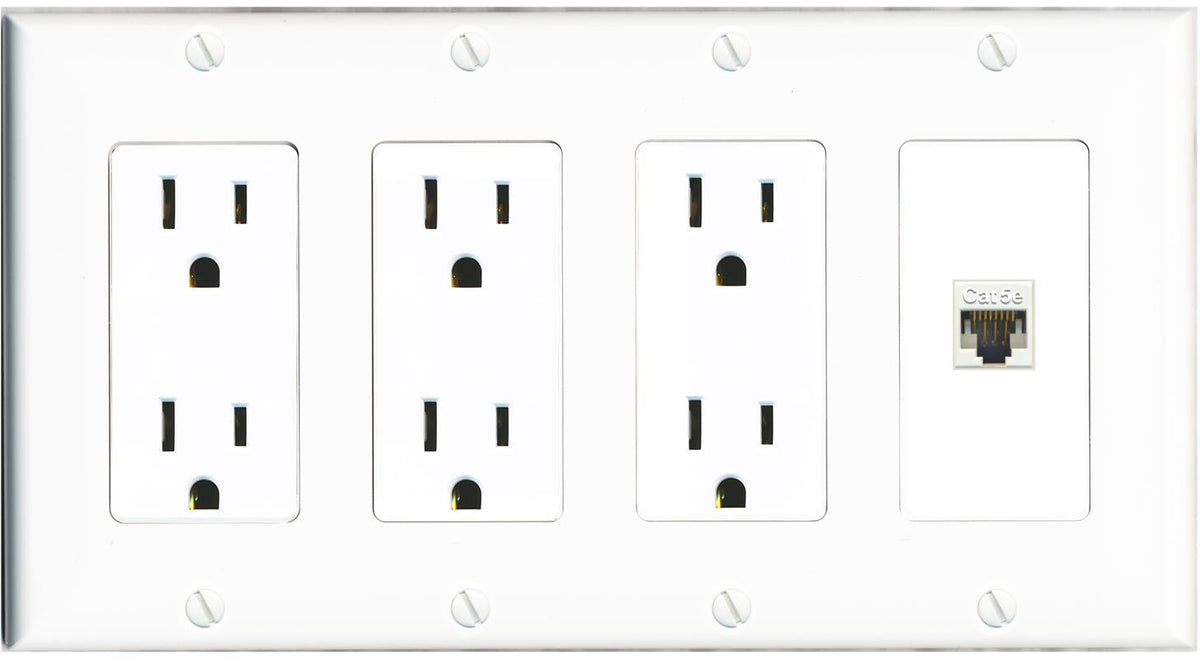 RiteAV CAT5E-WHITE Wall Plate 4 Gang with 3 x 15A Duplex Power Outlets