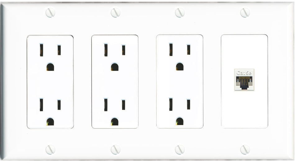 RiteAV CAT5E-WHITE Wall Plate 4 Gang with 3 x 15A Duplex Power Outlets