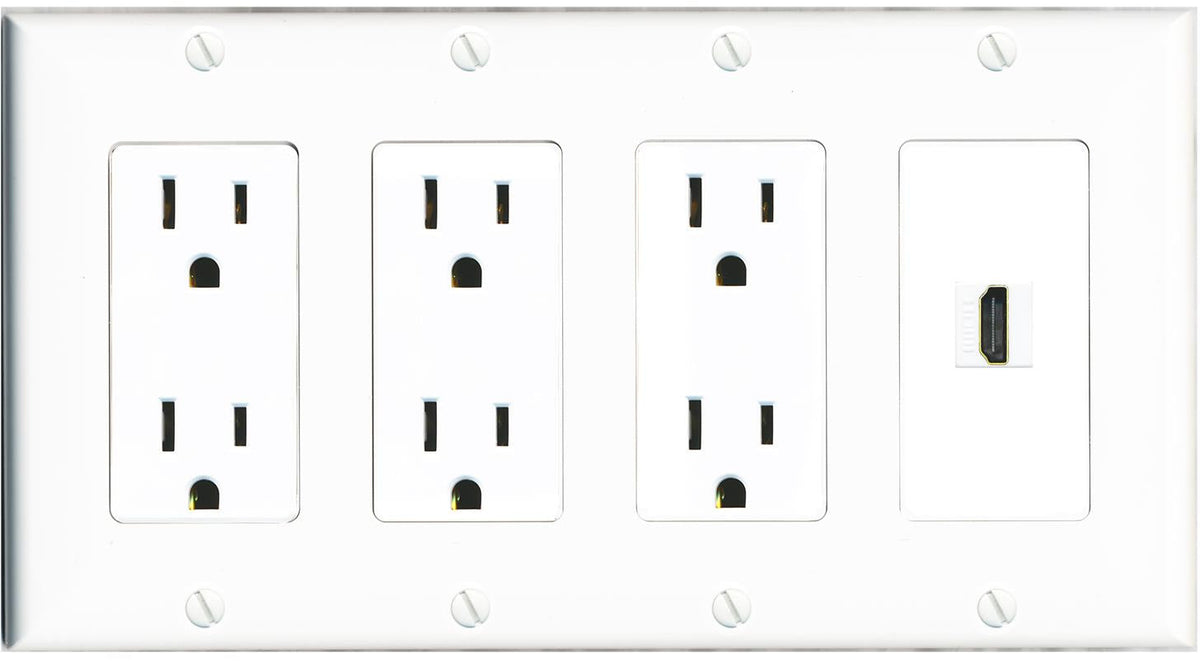 RiteAV HDMI Wall Plate 4 Gang with 3 x 15A Duplex Power Outlets