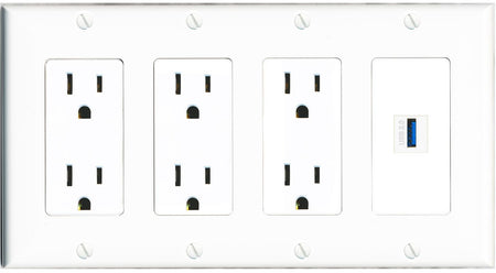 RiteAV USB-3 Wall Plate 4 Gang with 3 x 15A Duplex Power Outlets