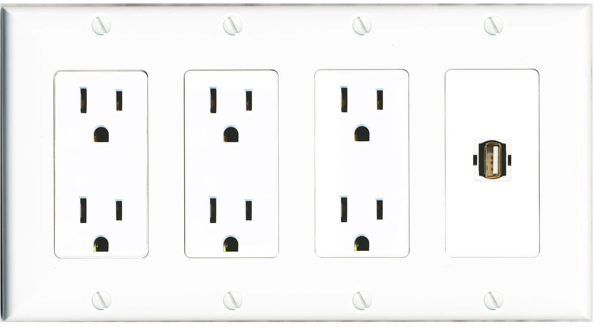 RiteAV USB2 Wall Plate 4 Gang with 3 x 15A Duplex Power Outlets