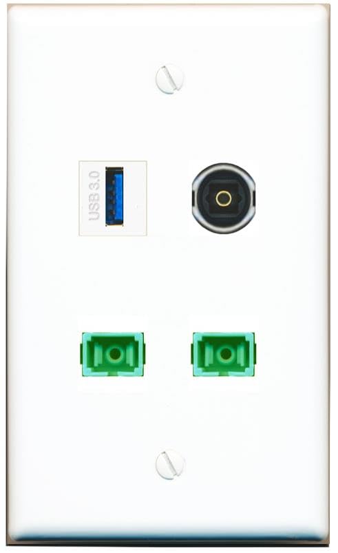 RiteAV - 2 SC-APC Singlemode Simplex TOSLINK USB-3 Wall Plate Flat White